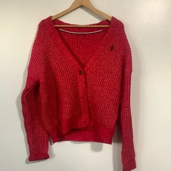 U.S Polo Association Red Knit Cable Cardigan Sweater - Picture 5 of 10